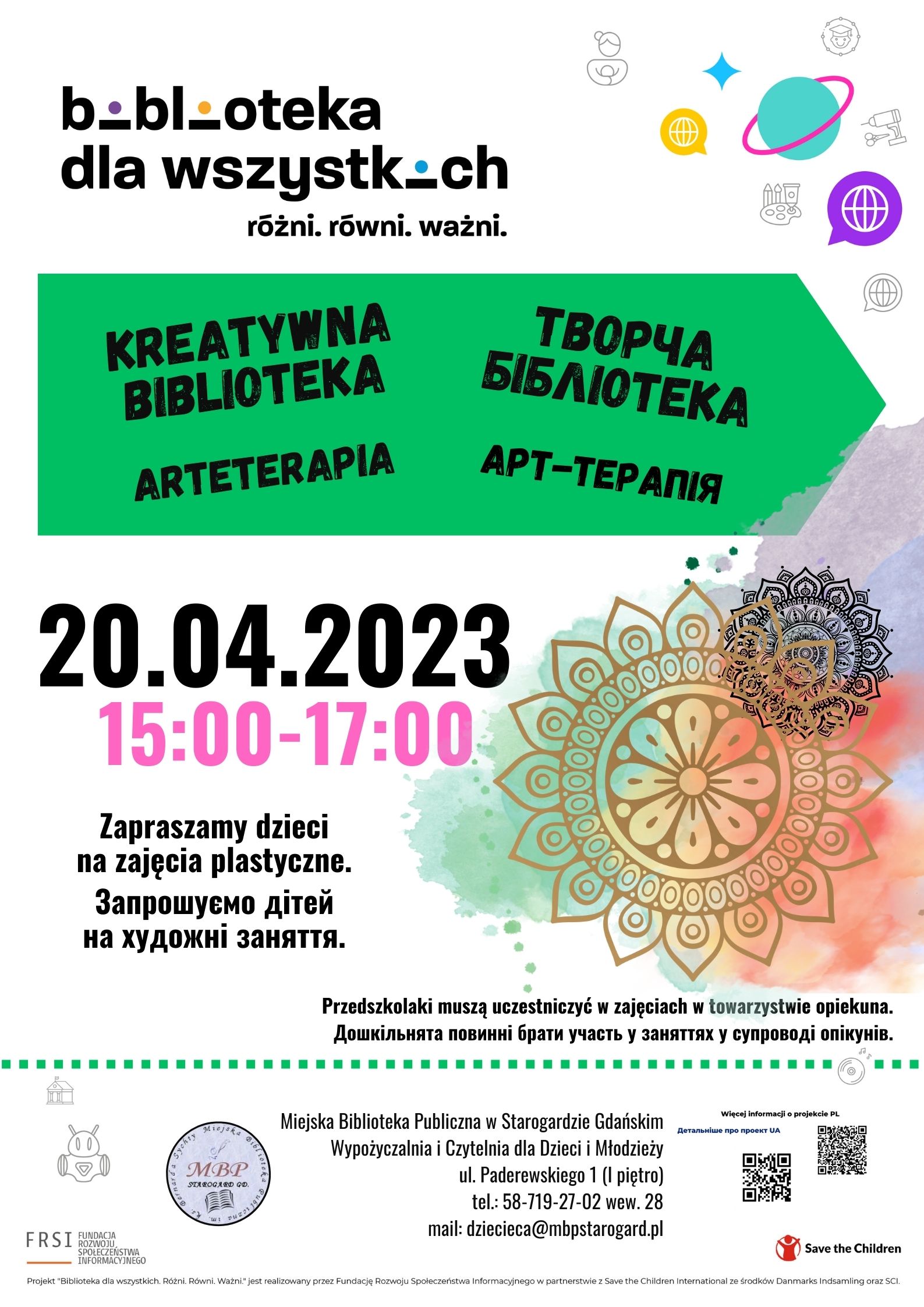 Plakat zawiera informacje na temat organizowanego wydarzenia KREATYWNA BIBLIOTEKA-ARTETERAPIA w dniu 20042023 roku o godzinie 15.00