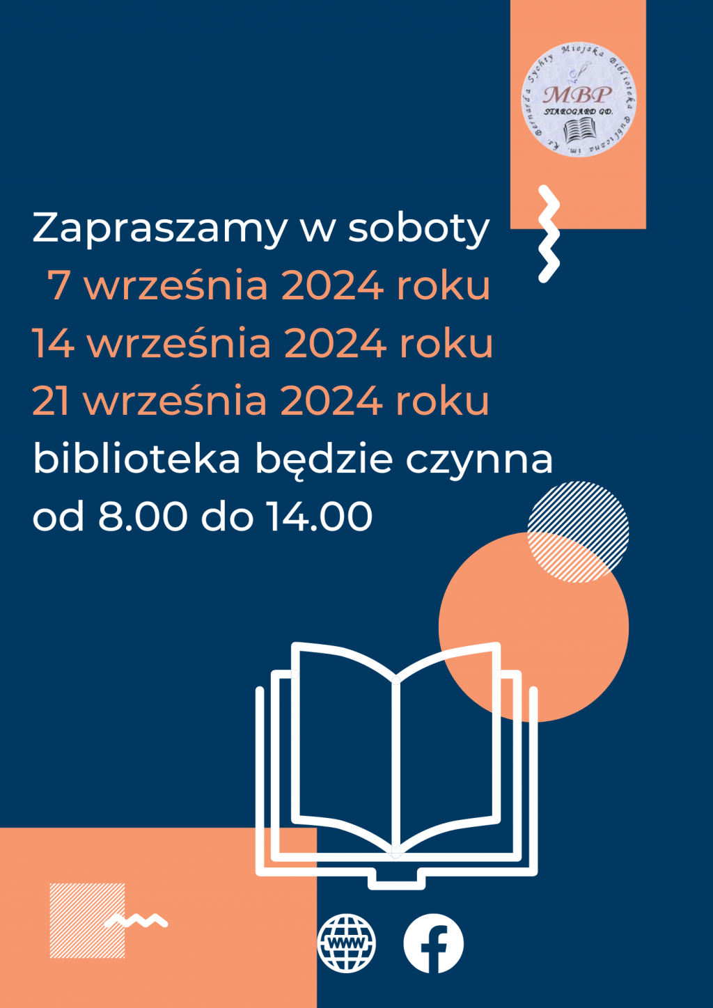 Plakat informujący o pracujących sobotach: 7, 14 i 21 września 2024 roku, biblioteka będzie czynna od 8.00 do 14.00. Miejska Biblioteka Publiczna w Starogardzie Gdańskim.