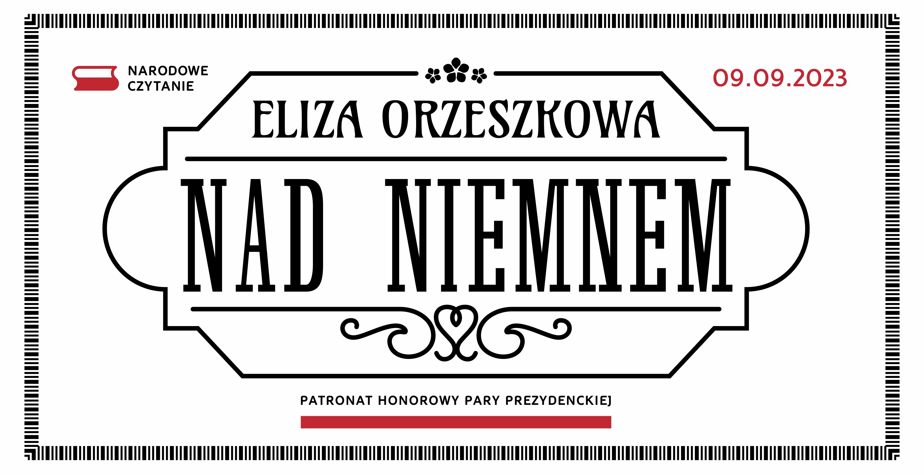Baner akcji Narodowe Czytanie 09.09.2023 Elliza Orzeszkowa "Nad Niemnem" Patronat Honorowy Pary Prezydenckiej