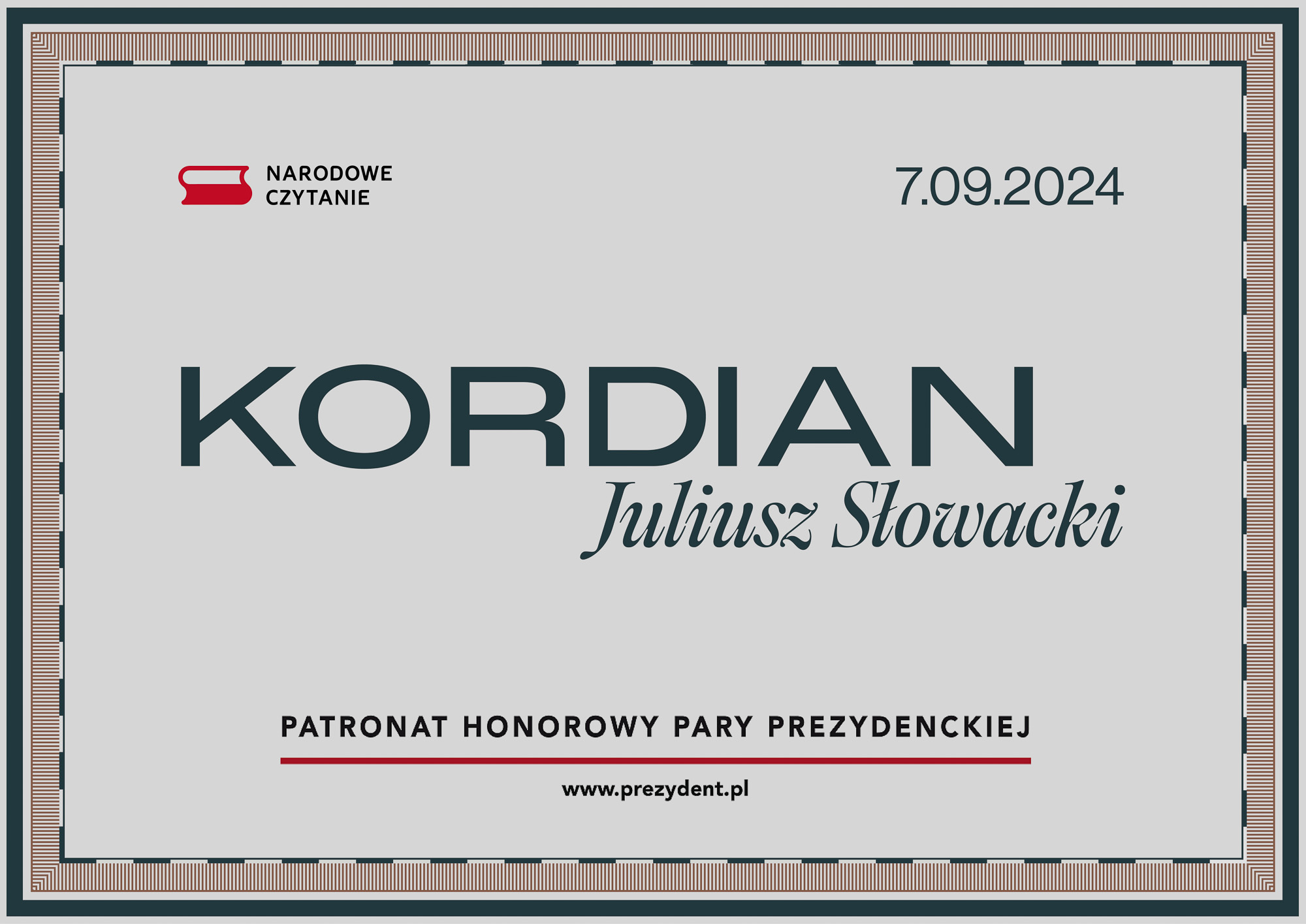 Baner akcji Narodowe Czytanie 7.09.2024 "Kordian" Juliusz Słowacki - pod patronatem honorowym Pary Prezydenckiej.