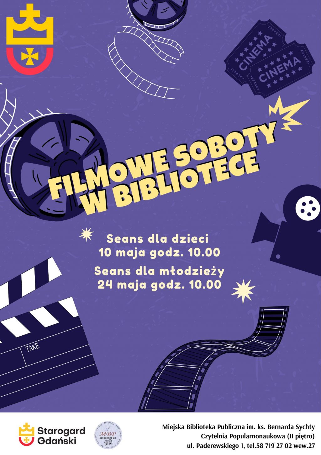 Plakat informujący o filmowych sobotach w bibliotece: w godzinach 10.00-11.30 zaprasza na seanse filmowe dla dzieci i młodzieży do biblioteki na Rynku (II piętro). Wstęp jest bezpłatny, nie trzeba się zapisywać.