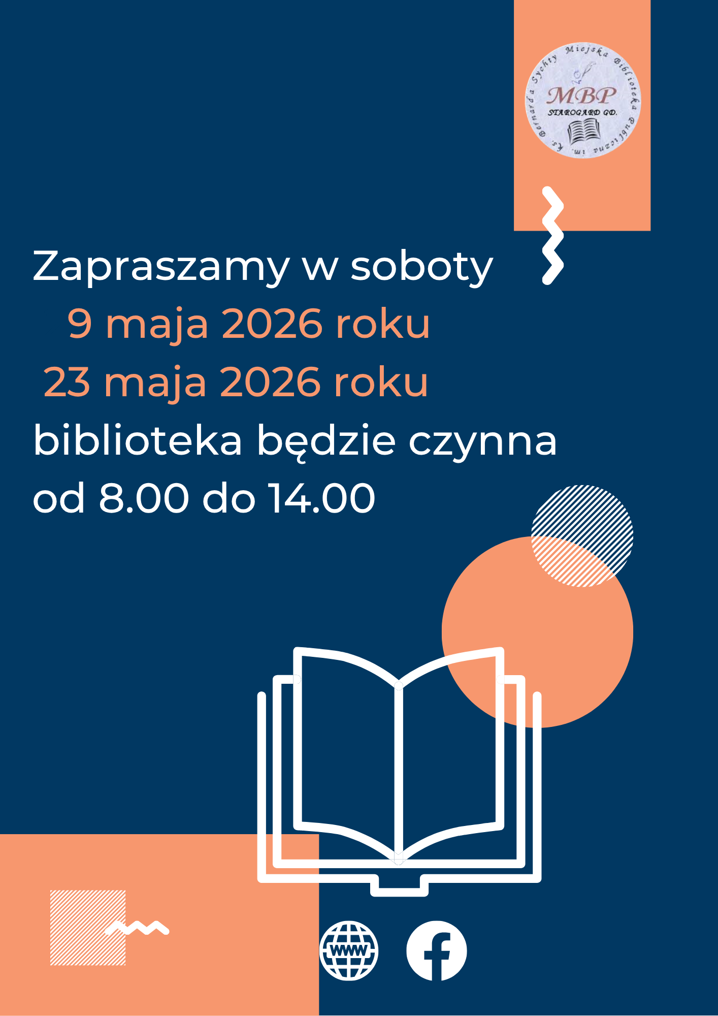 Plakat informujący o pracujących sobotach: 9 i 23 maja 2026 roku, biblioteka będzie czynna od 8.00 do 14.00. Miejska Biblioteka Publiczna w Starogardzie Gdańskim.