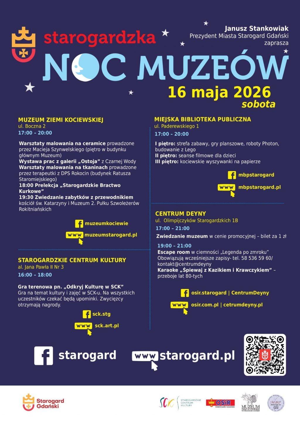 Plakat zapraszający na Starogardzką Noc Muzeów, która odbędzie się w sobotę 16 maja 2026 roku. Na granatowym tle z motywami gwiazd widnieją logotypy miasta oraz szczegółowe programy wydarzeń w Muzeum Ziemi Kociewskiej, Starogardzkim Centrum Kultury, Miejskiej Bibliotece Publicznej oraz Centrum Deyny.