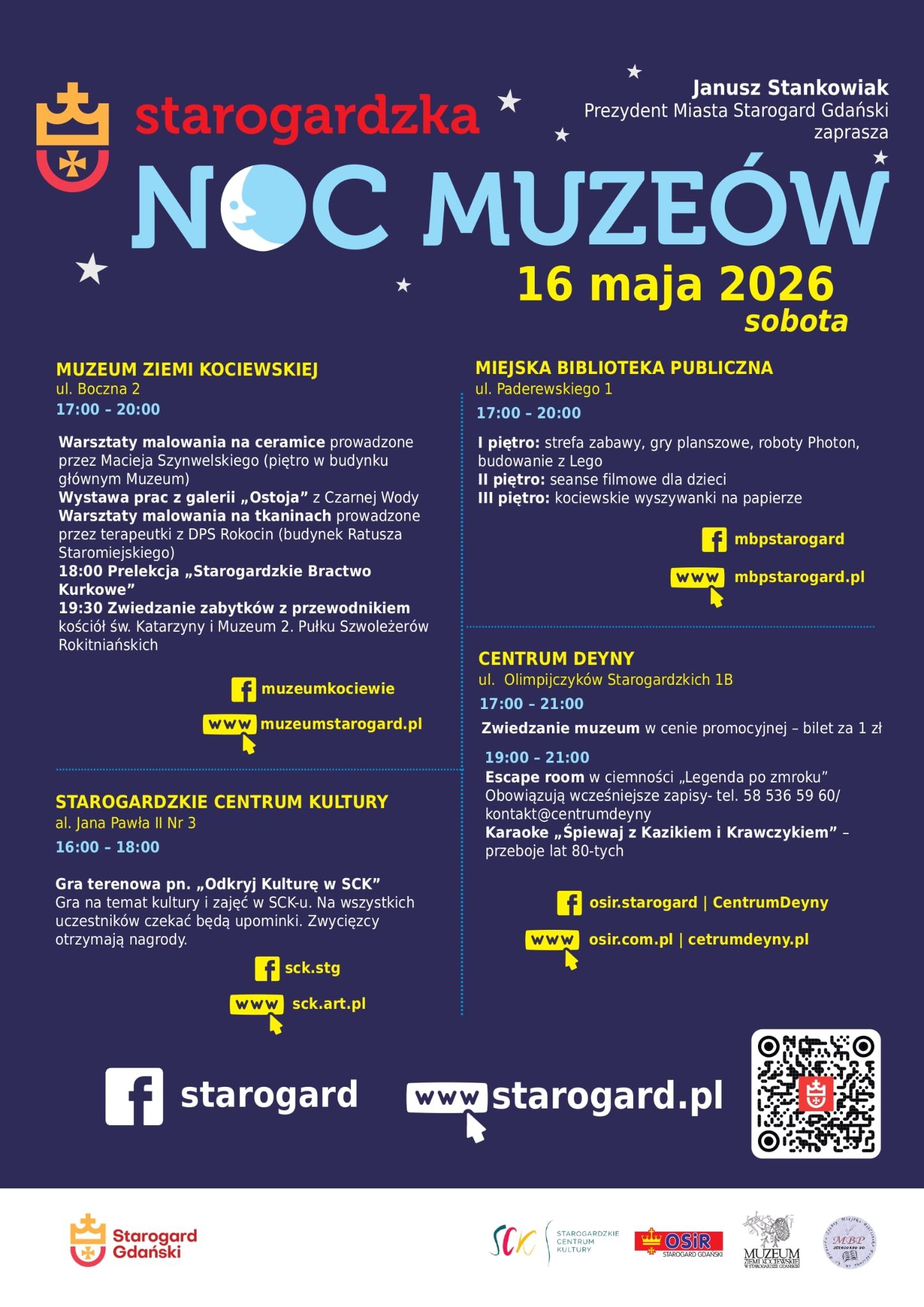 Plakat zapraszający na Starogardzką Noc Muzeów, która odbędzie się w sobotę 16 maja 2026 roku. Na granatowym tle z motywami gwiazd widnieją logotypy miasta oraz szczegółowe programy wydarzeń w Muzeum Ziemi Kociewskiej, Starogardzkim Centrum Kultury, Miejskiej Bibliotece Publicznej oraz Centrum Deyny.