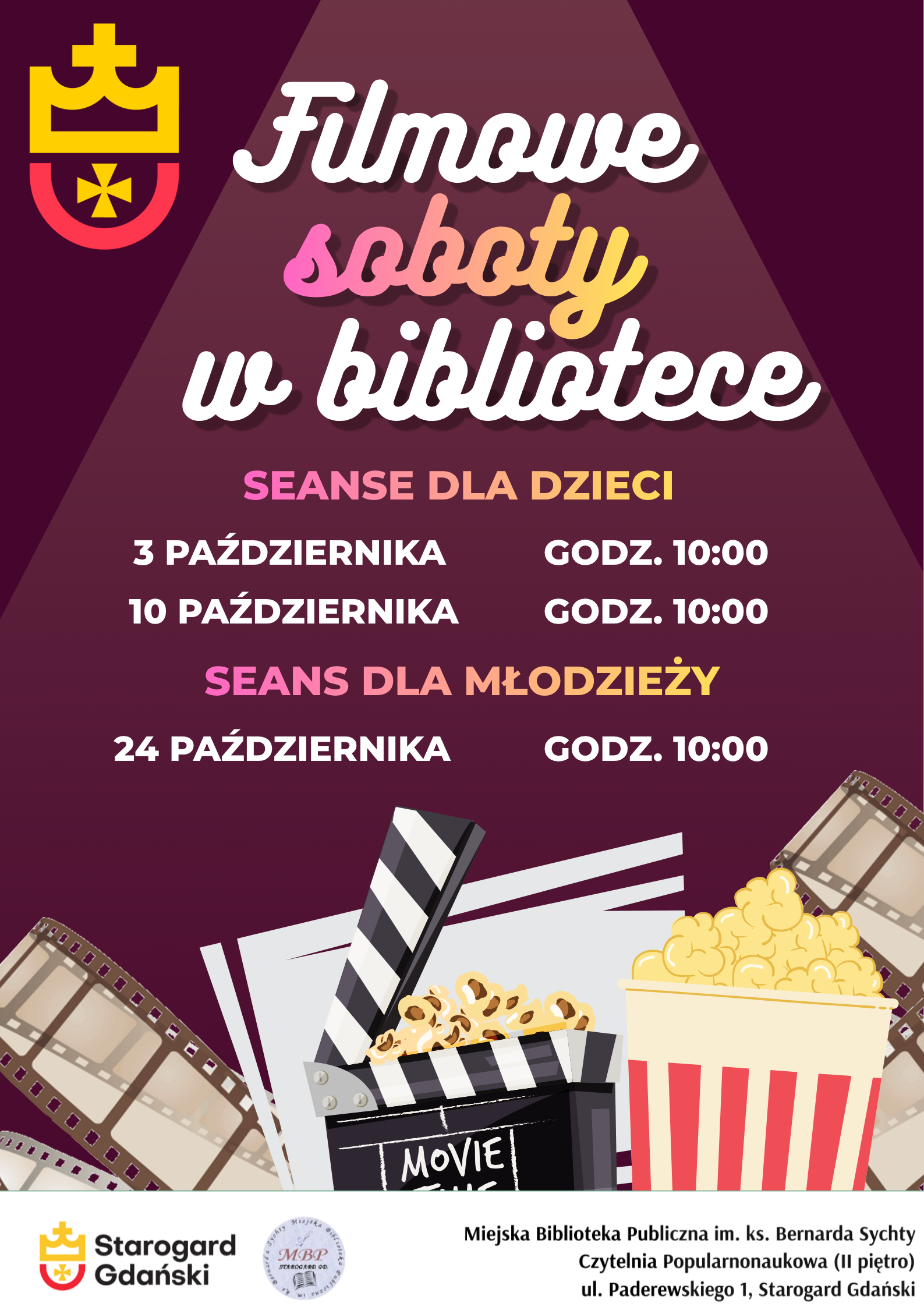W październikowe soboty w godzinach 10:00-11:30 zapraszamy na seanse filmowe dla dzieci i młodzieży do biblioteki na Rynku (II piętro). Wstęp jest bezpłatny, nie trzeba się zapisywać.